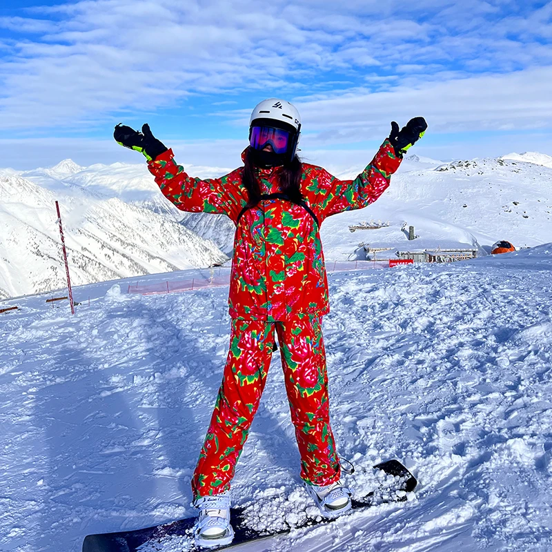 S-XXXL set pakaian salju Pria Wanita musim dingin ukuran Plus jaket Snowboard hangat dengan celana Motif bunga merah tahan air