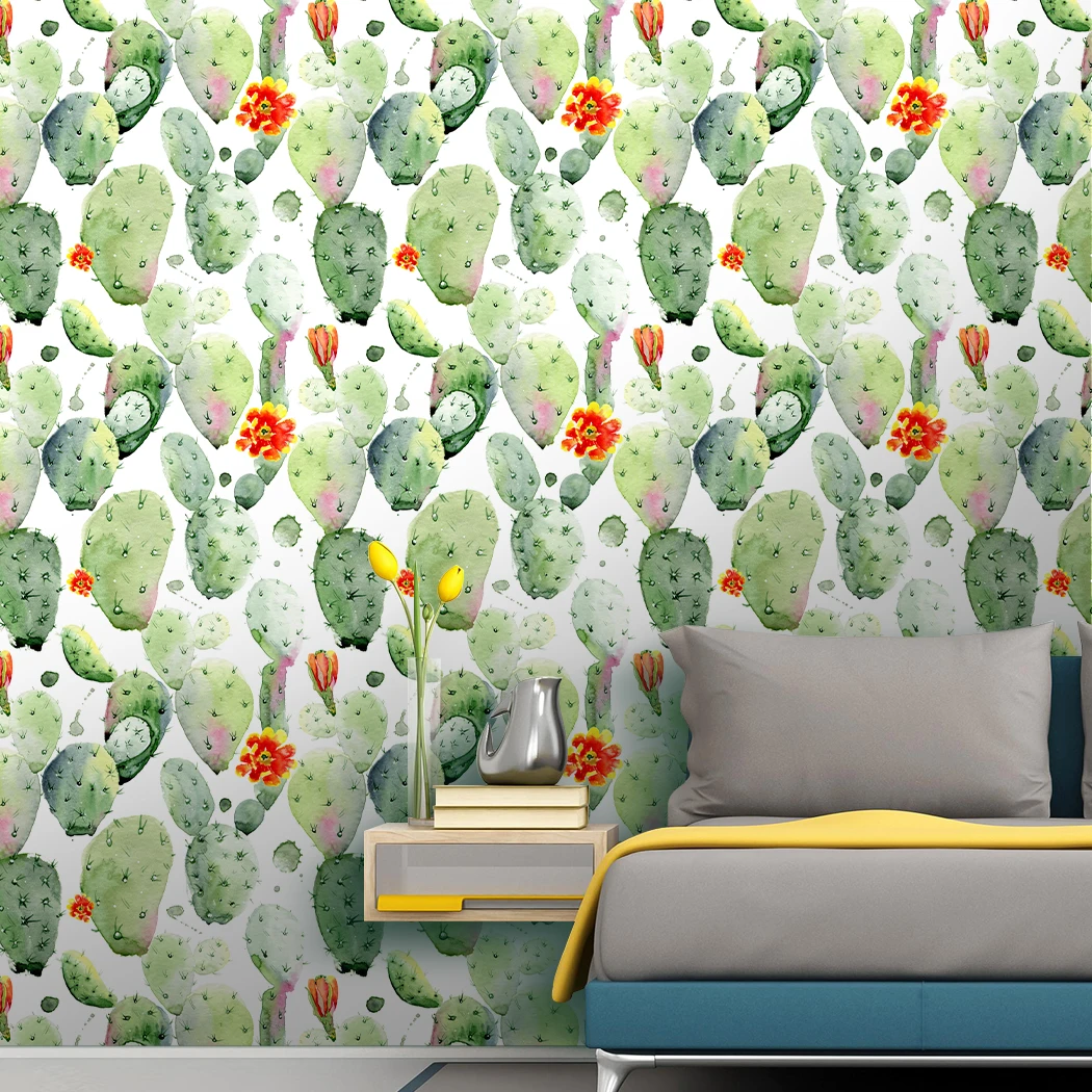 

1pc Watercolor Cactus & Green White Floral Peel And Stick Removable Wallpaper Self-Adhesive for Bedroom Home Decor