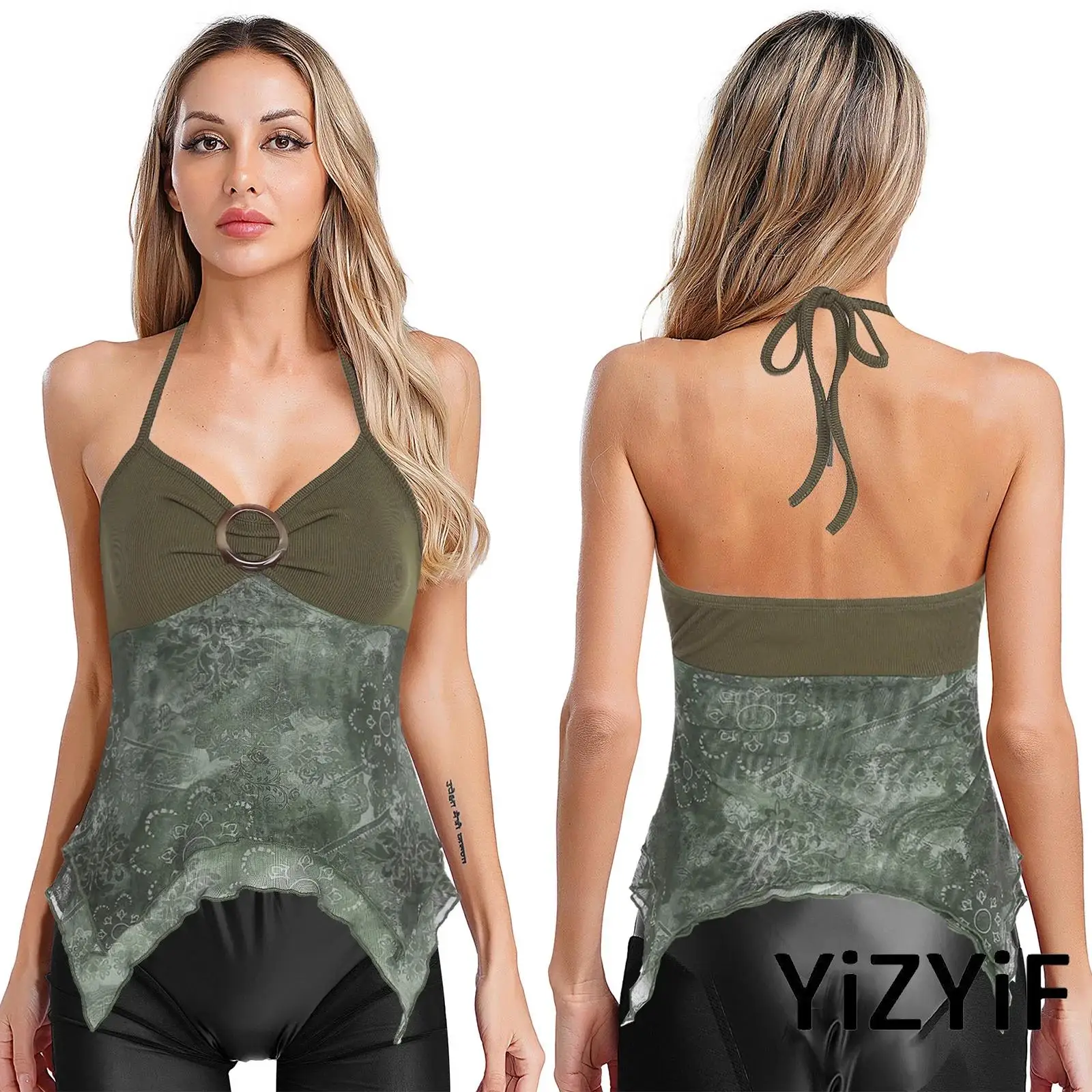 

WomensHalter Sleeveless Round Ring Decorated Print Mesh Tank Top Stylish Patchwork Cami Tops Transparent Ruffled Vest Crop Tops
