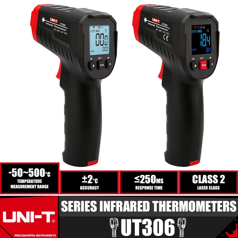 

Цифровой термометр UNI-T UT306S UT306C, Бесконтактный промышленный инфракрасный лазерный измеритель температуры, прибор для измерения температуры,-50 ℃-500 ℃