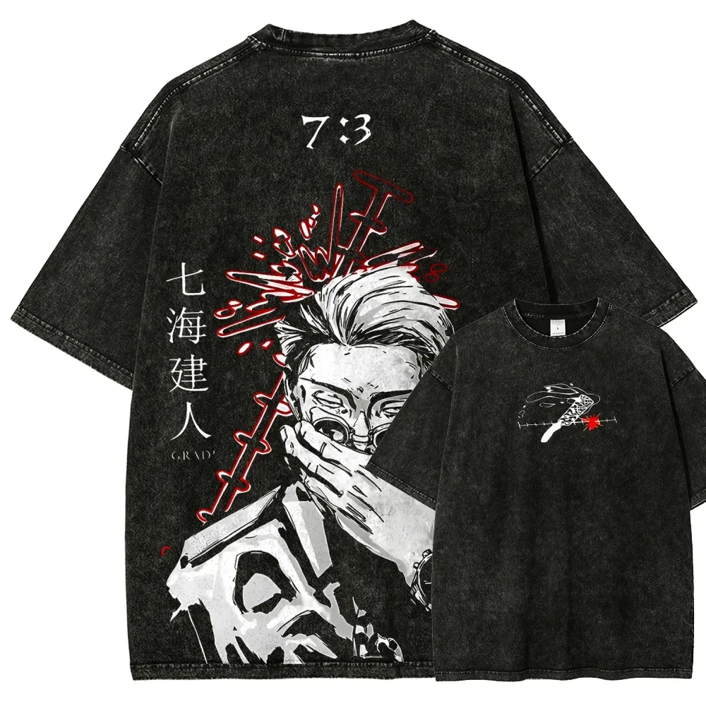 Jujutsu Kaisen Nanami 7:3 Ratio Technique Vintage Washed T-Shirt Übergroßes Grafik-T-Shirt aus Schwerer Baumwolle Streetwear