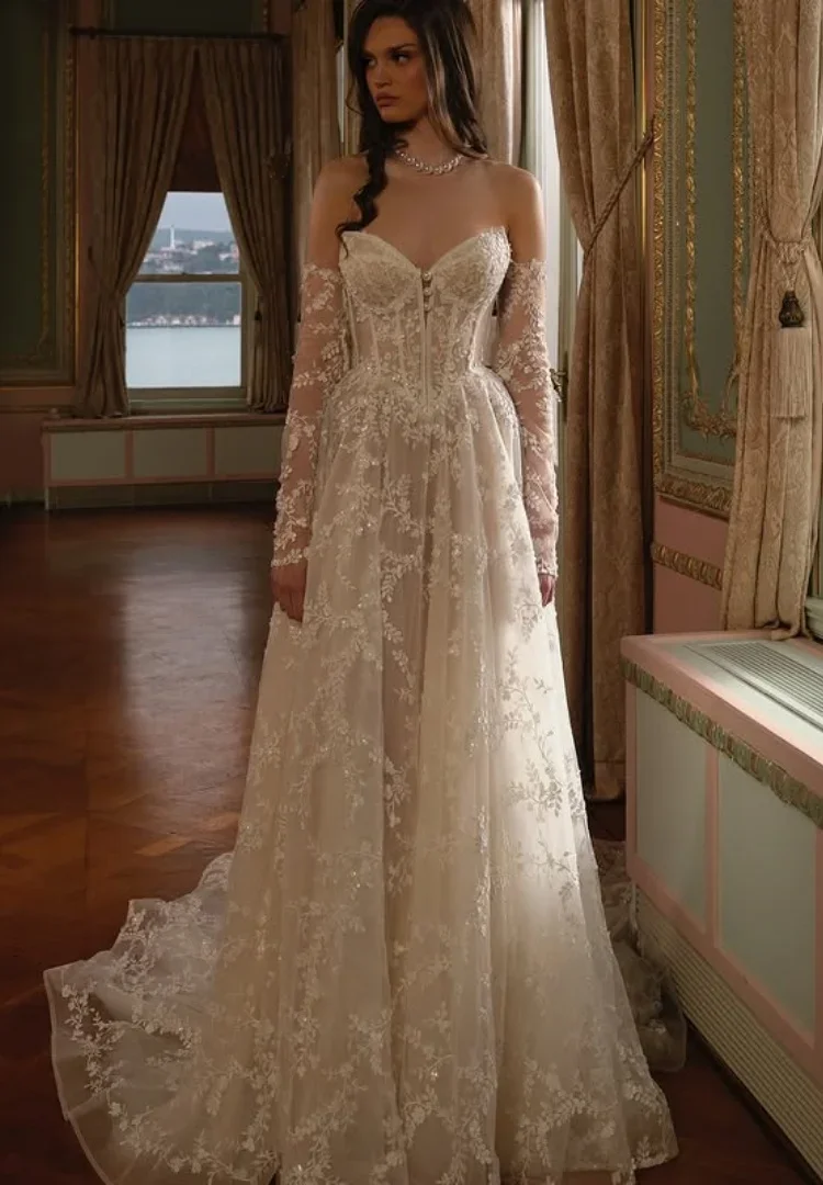 우아한 A라인 웨딩드레스, 심플한 탈부착 가능한 소매, 코르셋 레이스 신부 드레스, 맞춤 제작 웨딩드레스