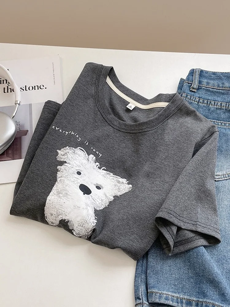 

Summer New Cartoon Dog Print T-Shirt Women's round Neck Short Sleeve Loose Fashion Slimming Versatile Casual Comfortable Cotton