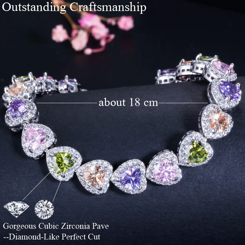 Pera 6 Colors Options Multicolor CZ Crystal Love Heart Shape Chain Link Bracelets for Women Engagement Jewelry Gift B068