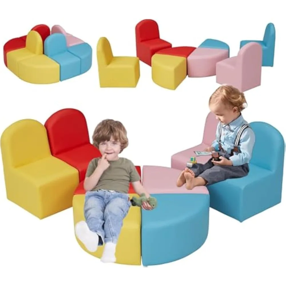 

Kids Sofa Seating Set Convert to Table and 4 Chairs Colorful Stools for Toddlers Soft Foam Play 8 PCs Set for Classroom