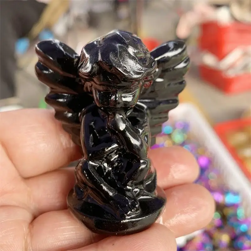 Natural Black Obsidian Angel Carving Healing Crystal Stone Cute Birthday Present Home Decoration 1PCS