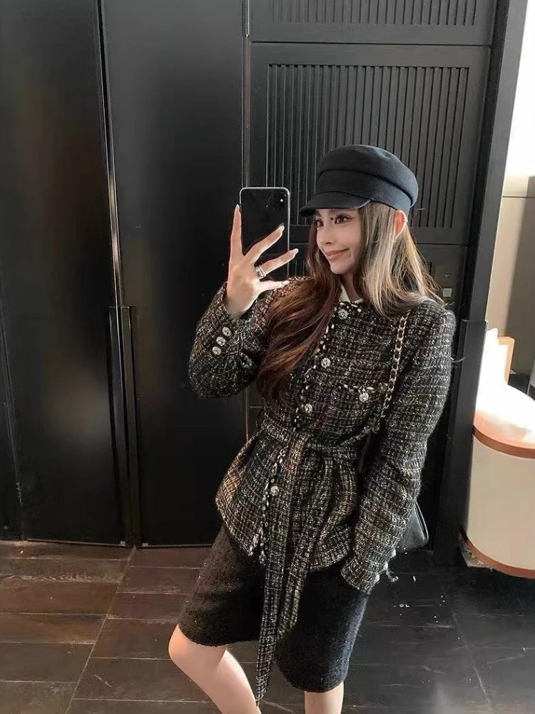 Autumn and Winter New Hand Sewn Rhinestone Lace Temperament Small Fragrant Style Coat for Women