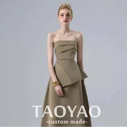 Khaki Elegant Sleeveless Dress Pleated High Waist Party Dresses Women's Fashion Strapless Summer 2024