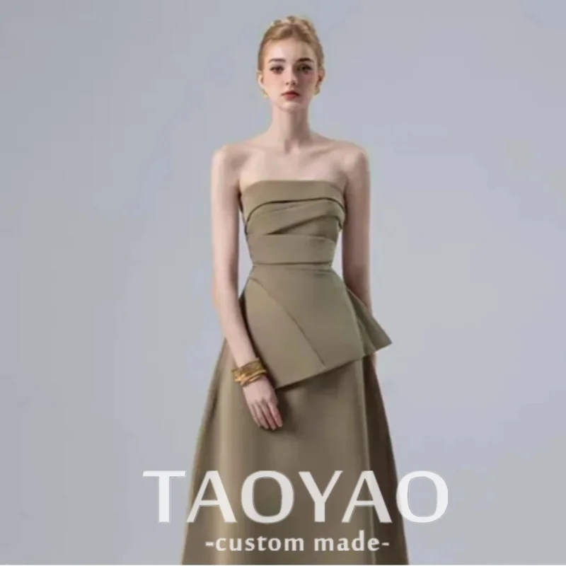 Khaki Elegant Sleeveless Dress Pleated High Waist Party Dresses Customized Women's Fashion Strapless Summer 2024