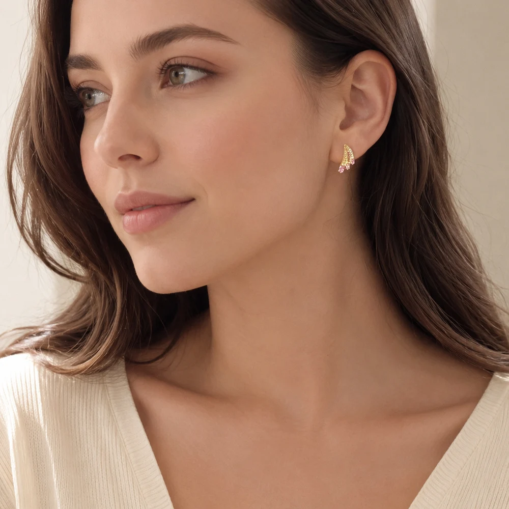 Hummingbird Wing Bright Gold Stud Earring Europe Fine Rainbow Look Jewerly For Women New Bohemia Gift 925 Sterling Silver