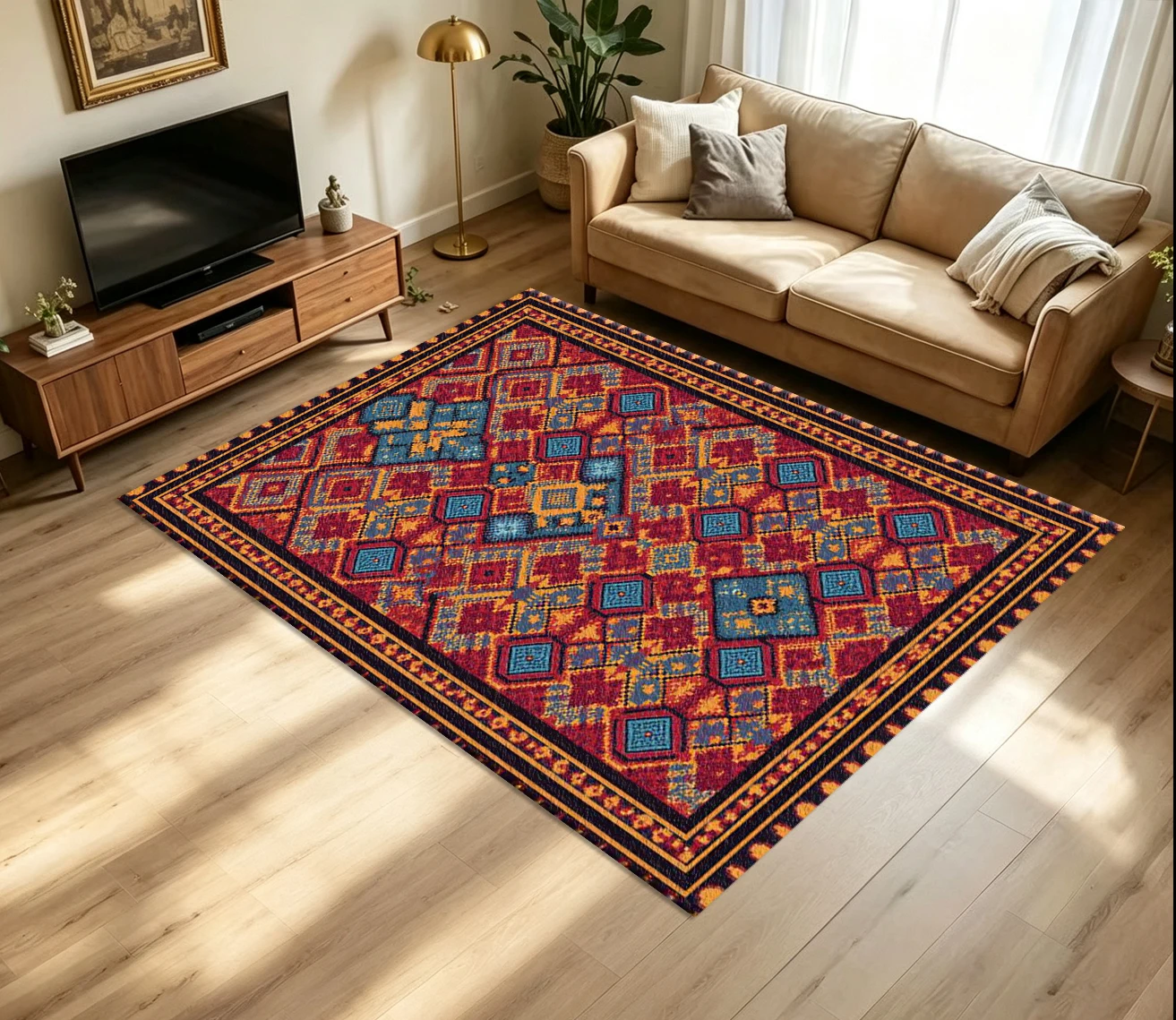 Bohemian Ethnic Geometric Border Carpet Flooring Retro Red Orange Blue Diamond Ornate Frame Printed Floor Rug for Household Indoor Vintage Home Decor