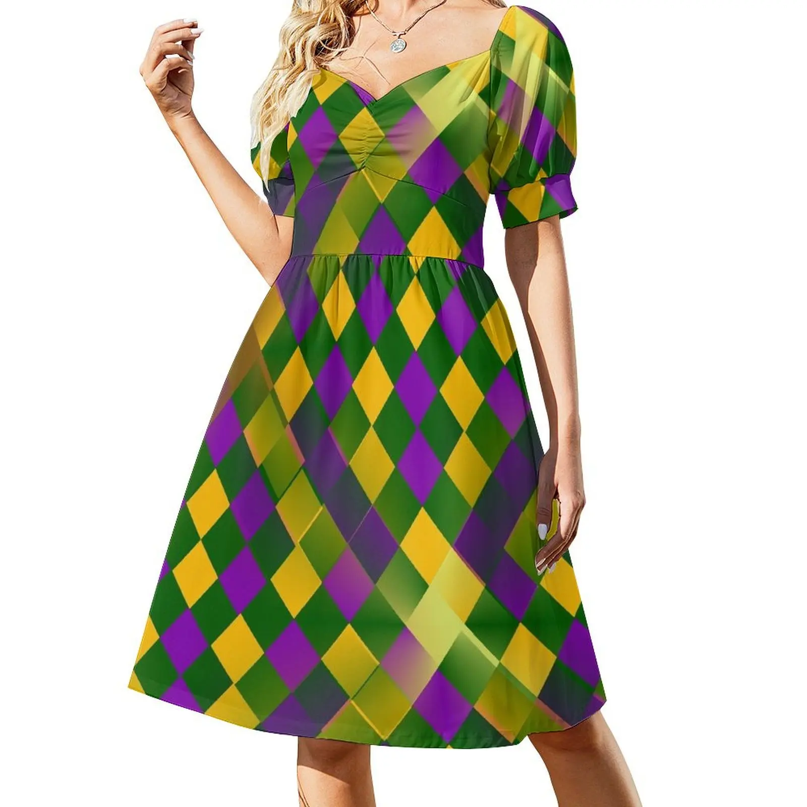 Harlequin Mardi Gras Short Sleeved Dress chic and elegant woman dress prom clothes Evening dresses Dress