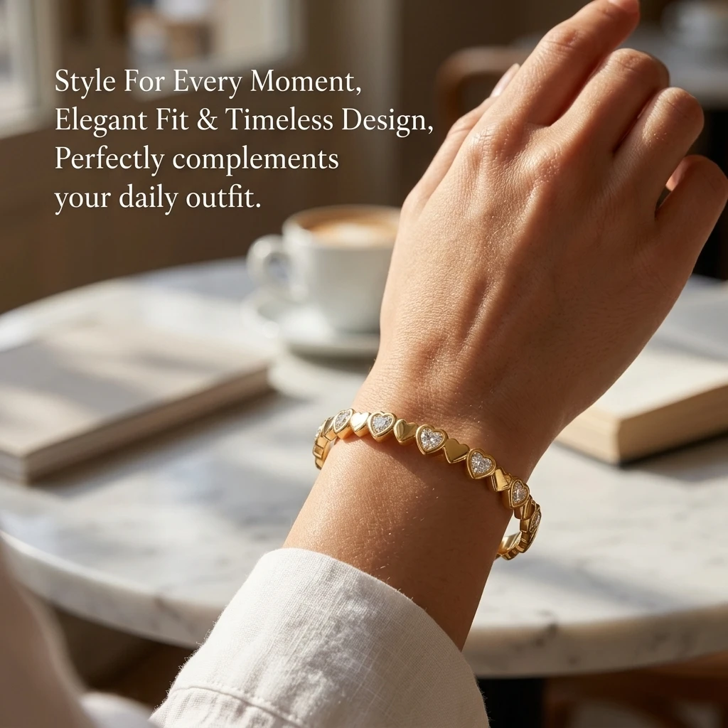 Gold Color Snap-on Heart Bangle, Stainless Steel Loving Zircon Bracelet for Women, Fashion Jewelry Gift 60mm