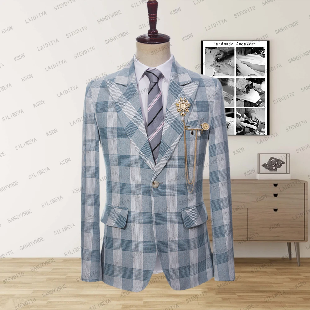 

2023 Luxury Blazer Men's Set Blue and White Plaid Pattern Loose Park Leisure Party One Piece Slim Fit Groom Coat