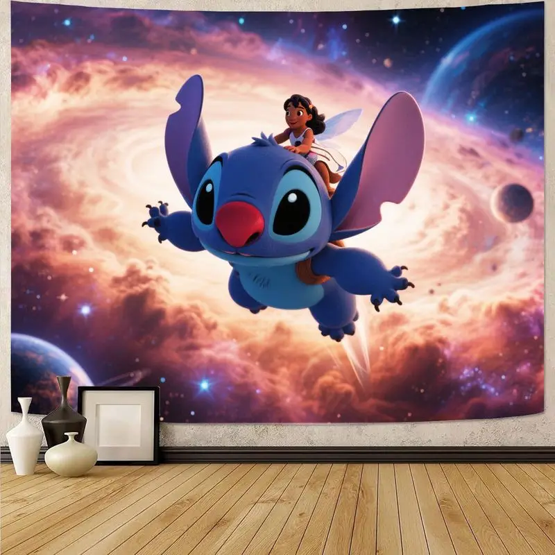 

1PC Stitch and Lilo Space Adventure Tapestry Colorful Polyester Wall Art Living Room Bedroom Decor Gift for Disney Fans