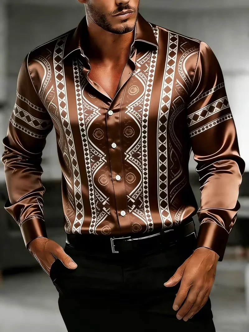 New Half Wave Dot Shirt With Blue Mirror Satin And White Dot Splicing Art For Men's Long Sleeve Shirt Clothing