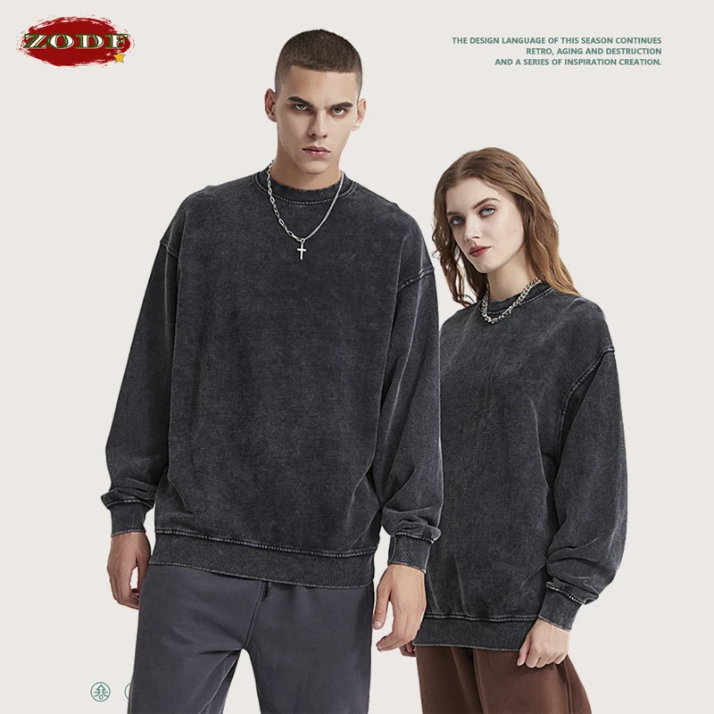 ZODF 2022 Men Retro Washed Cotton Kintted Sweaters Streetwears Unisex Oversized 380gsm O-Neck Sweatshirts Pullovers HY0363