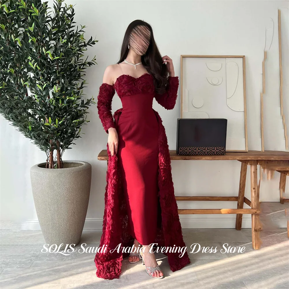 

SOLIS Burgundy Prom Dresses Sweetheart Off Shoulder Gala Dresses with 3D Floral Saudi Arabic Satin Evening Party Gown Customized