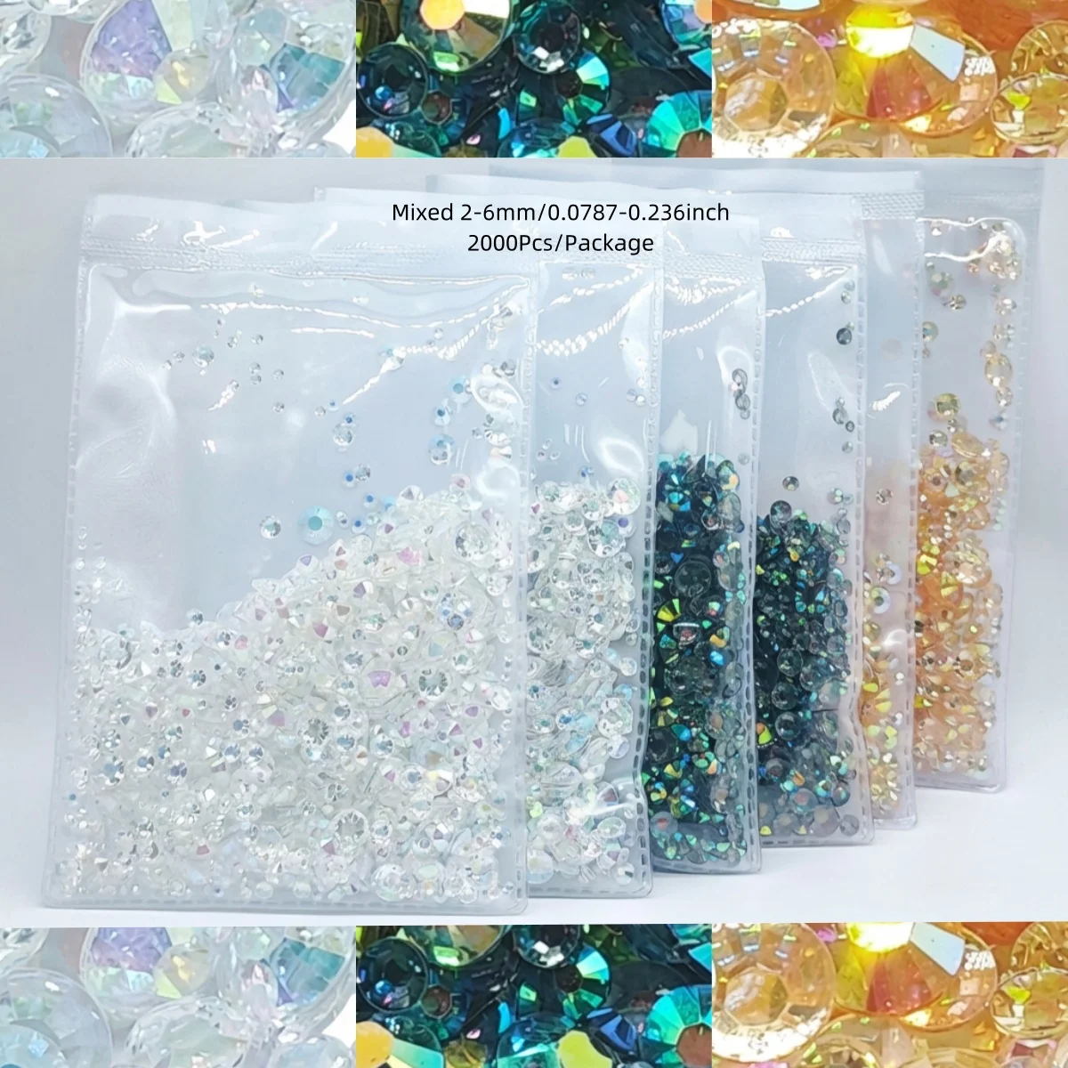 2000Pcs Mixed 2-6mm Transparent Bottom Flatback Resin Rhinestones for Nail Art DIY