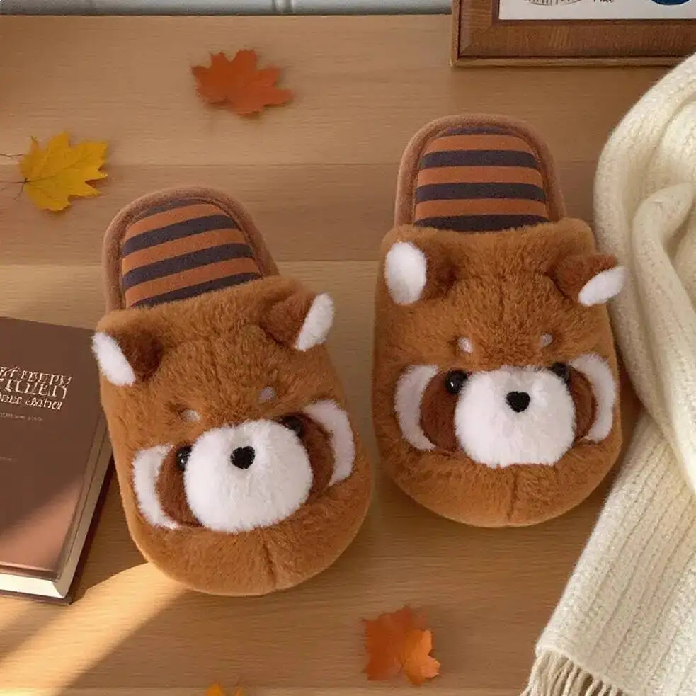 

Winter Home Couple Slippers Cute Plush Raccoon Design Indoor Household Slippers Anti Slip Warm Closed Toe Shoes For Men & Women