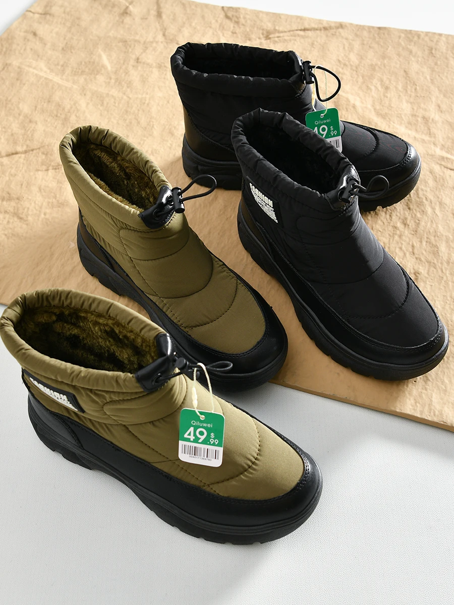 

Umbrella Cloth Super Fiber Leather Splicing Men's Winter Boots Thickened Waterproof Snow Boots Warm round Toe Rubber Outsole