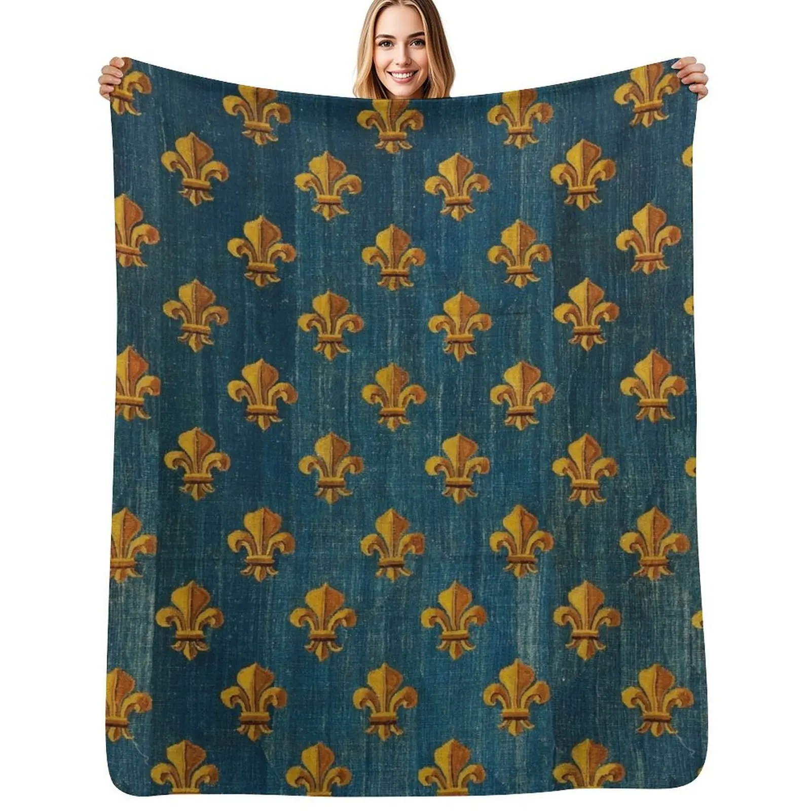 GOLD FLEURS DE LYS IN BLUE Antique French Tapestry Throw Blanket Machine Washable Soft Warm Blanket