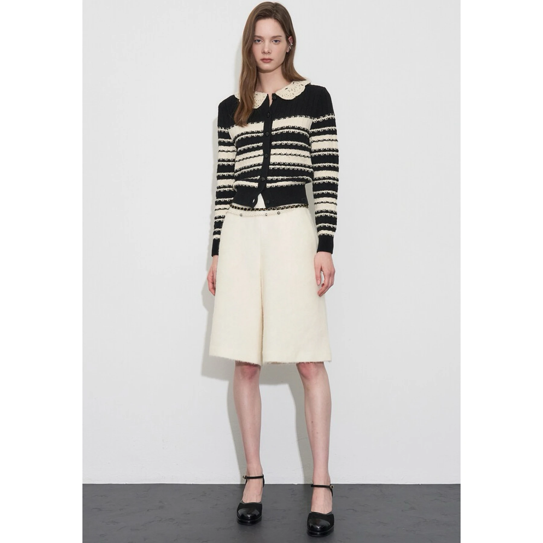 

Lemon Cheese OBZ25 Winter Knitted Woolen Cardigan Hollow out Collar Striped Long Sve Women's Faion Commute Sle Coat