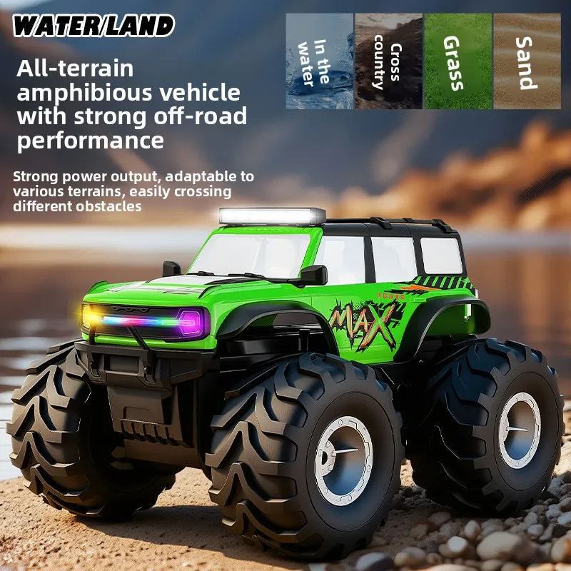 

Amphibious RC Car, 4WD Off-Road Climbing Beach Vehicle with Colorful Lights Stunt Toy for Kids Gift