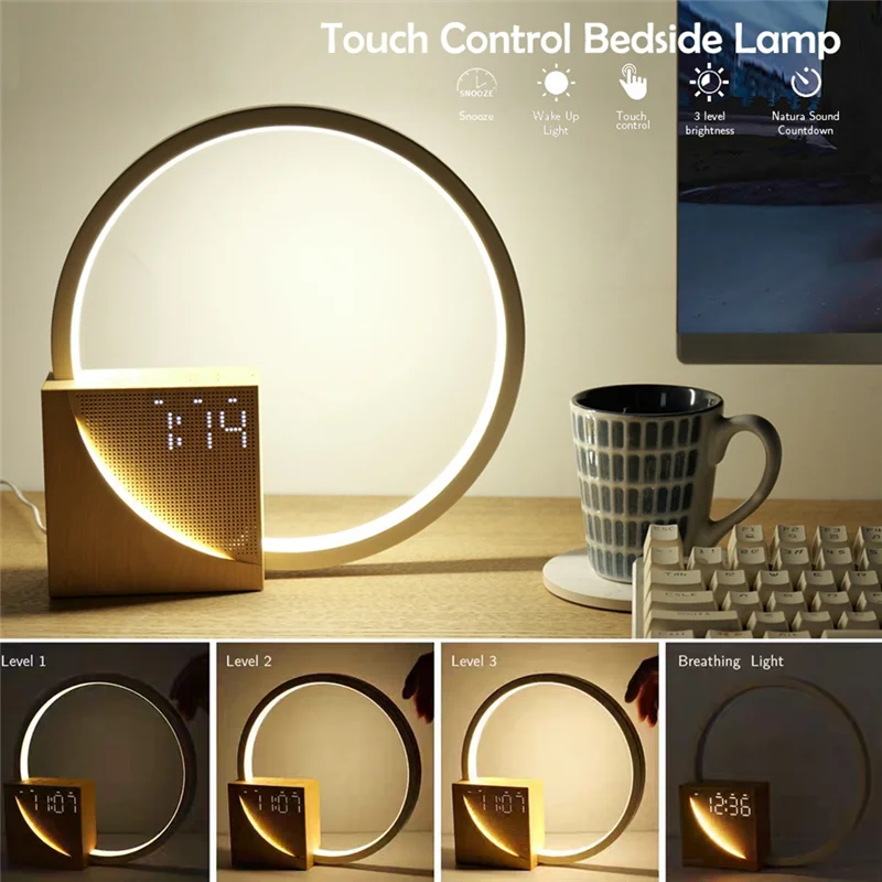 

SEWS-Wake Up Night Light With Alarm Clock For Bedroom 3 Level Dimmable Touch Table Lamp With White Noise For Kids