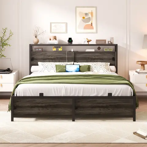 Estrutura de cama de tamanho completo com cabeceira de armazenamento de 4 camadas - portas deslizantes, luzes LED integradas e estação de carregamento USB, plataforma de metal