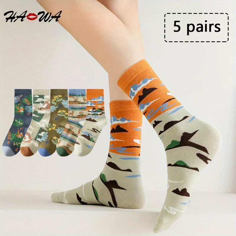 

HA WA 5 Pairs Lot Socks Sets Women Solid Color Elegant Literature Mid-calf Cotton Women Socks Breathable Casual Cotton Socks