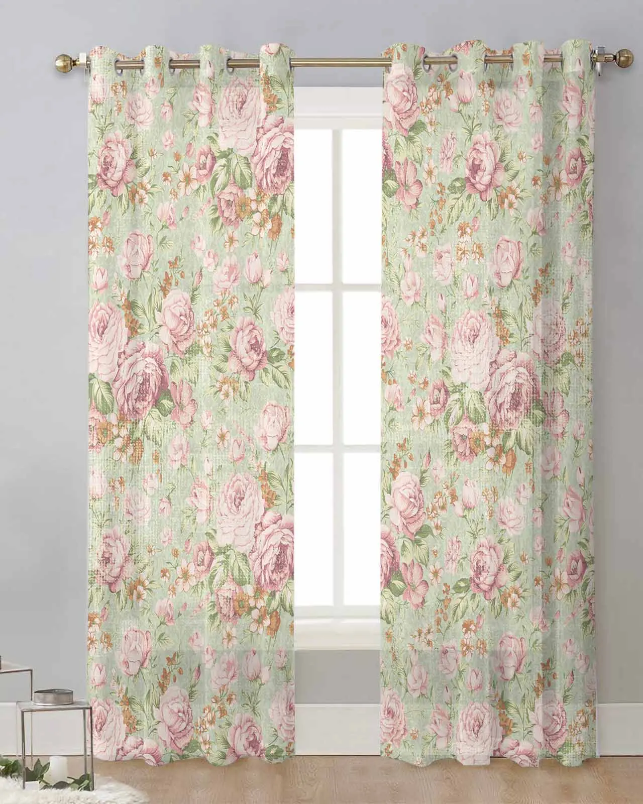 Flower Illustration Camellia Retro Bedroom Voile Curtain Window Treatment Drapes Tulle Curtains for Living Room Sheer Curtains