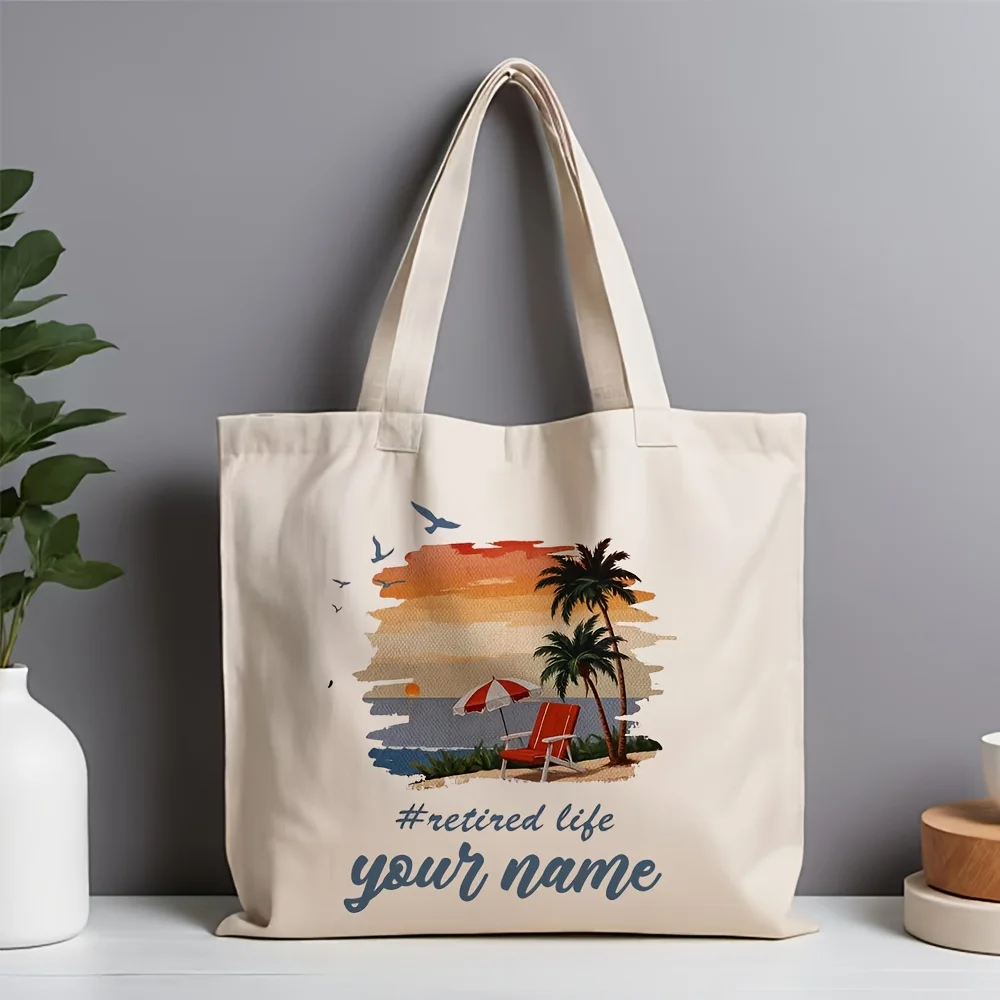 Customized Tote Bag Personalized Beach Vacation Handbag Double Handles Beige with Tropical Print Thank You Presents Vacation Bag