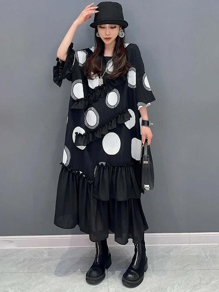 SHENGPALAE Chiffon Printed Short Sleeved Ruffle Edge Spliced Casual 2024 Spring New Mid Length Dress Fashion Women Robe 5R9584