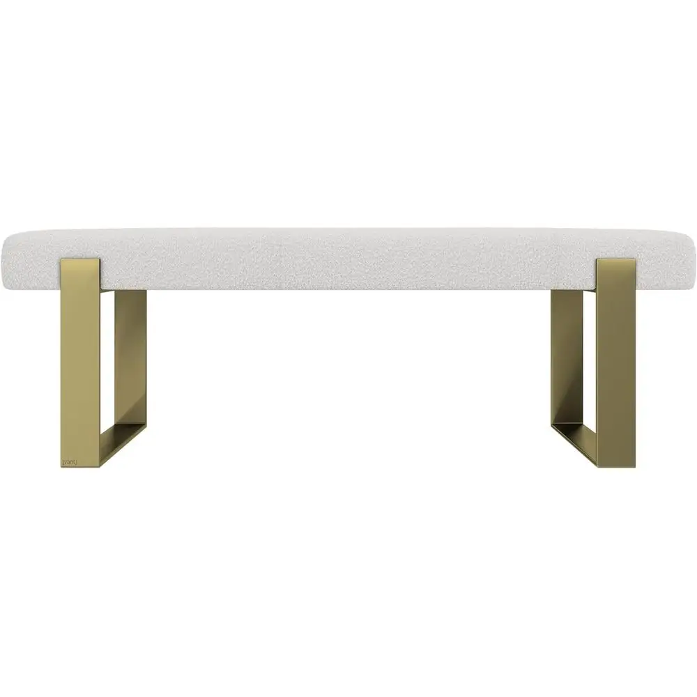 

Contemporary Upholstered Bed Bench - Ivory Boucle Fabric with Burnished Brass Legs