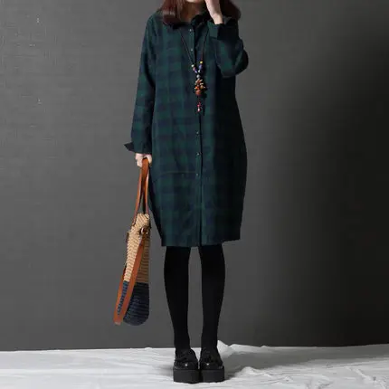 

Свободное женское хлопковое платье-рубашка большого размера, осенняя новинка, корейский модный стиль, миди, в клетку, с воротником, длинный рукав, для повседневной носки