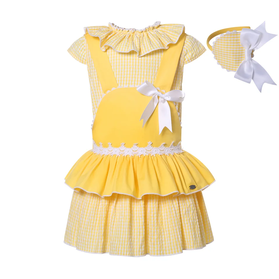 

Pettigirl Summer New Girls Kids Childrens Eid Yellow Plaid Princess Dresses for Wedding Party Outfits Sizes 69121824Months