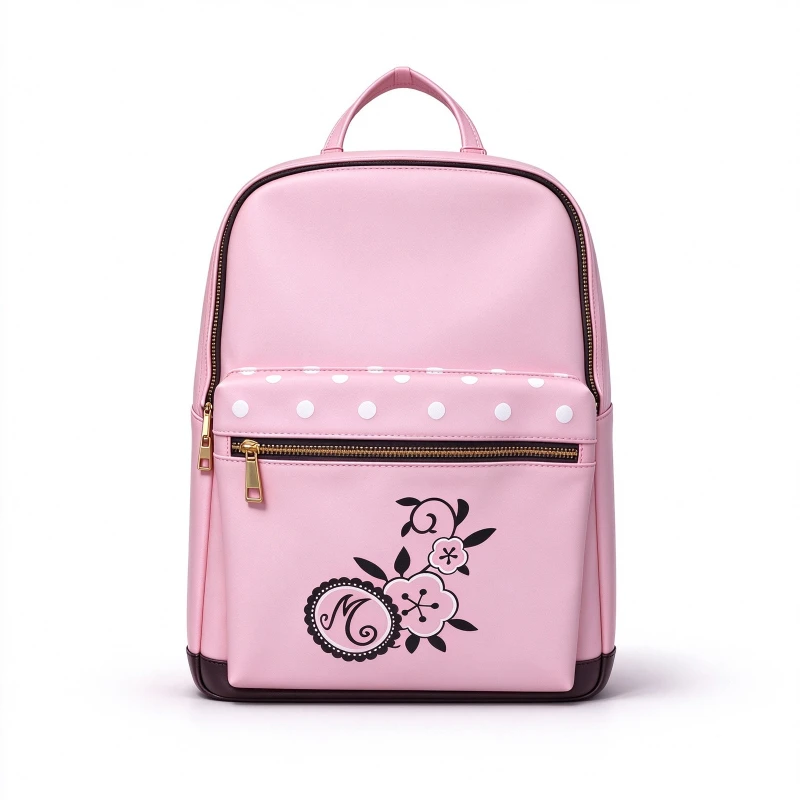 Pink PU Leather Backpack Women Cute Polka Dot Floral Printed School Bag for Teenage Girls New Anime Style Casual Travel Rucksack