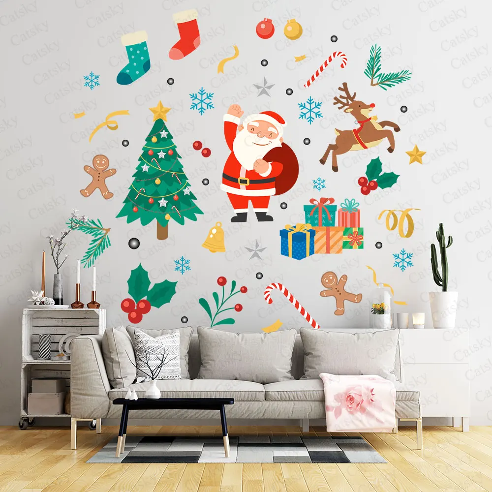 Merry Christmas Family Wallpaper, Festival Living Room Decorative Wallpaper, Watercolor Peel and Stick Sticker, Christmas Gift