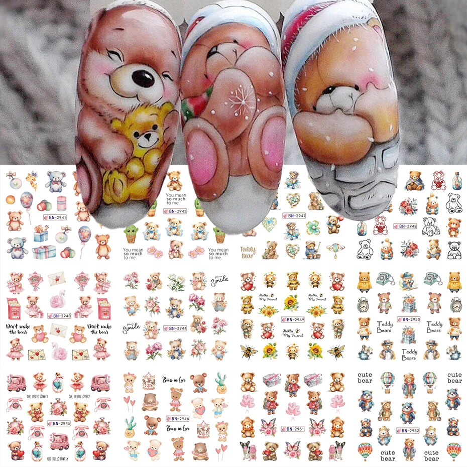 12 قطعة من ملصقات نقل المياه لفن الأظافر لعيد الحب - زهرة الدب الكرتونية اللطيفة وتصميم الحب الرومانسي لشارات نقل المياه
