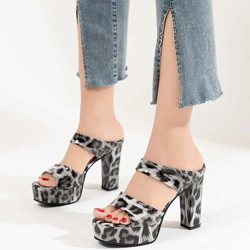 Ladies SummerSandals  Extreme Platform Leopard Print Peep Toe Women Slippers Sexy Super 10cm High Heels Slide Female Shoes