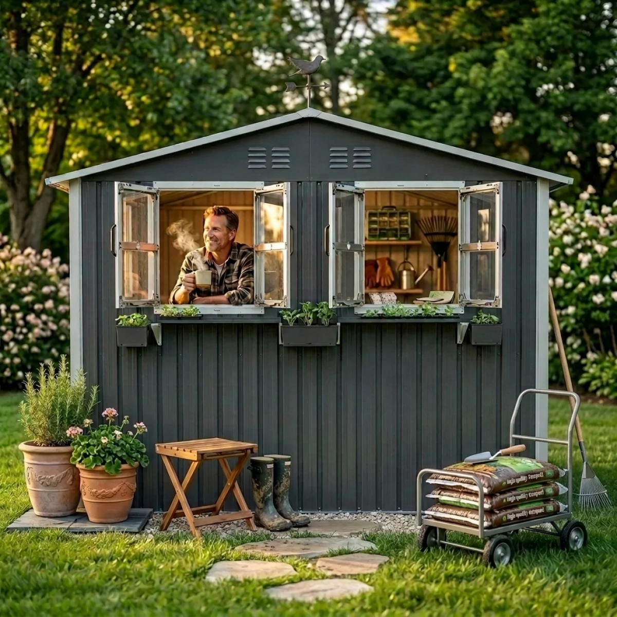 9x6 FT Outdoor Metal Storage Shed with Window & Flower Rack, Lockable Double Doors Tool Shed, Waterproof Weatherproof Garden Shed for Backyard Patio,  Coal Gray