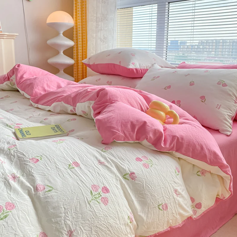 

Romantic Rose Floral Bedding Set Tulip Duvet Cover and Pillowcase Flat Sheet For Girls Soft Bed Linen Washed Cotton Home Textile