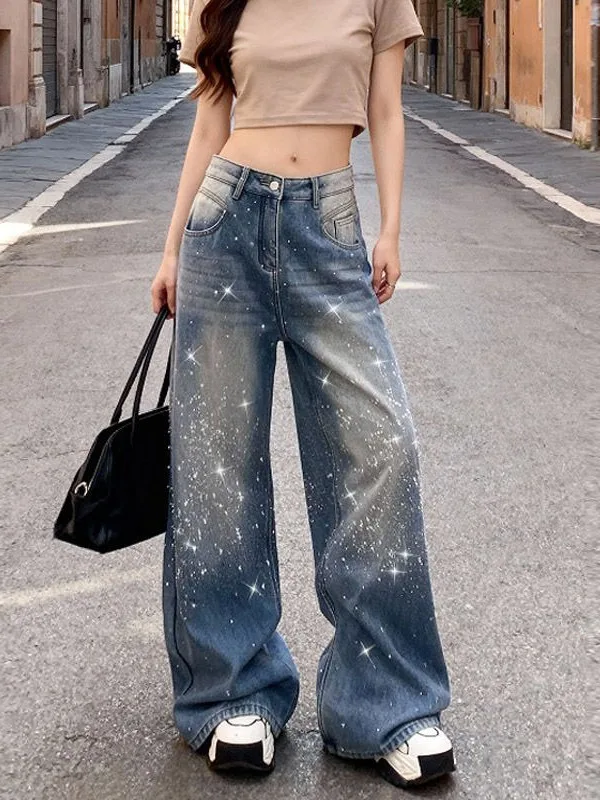 

Trendy Star iny Rhinestone Straight Leg Loose Wide Leg Jeans Women's High Waist Comfortable Slimming Casual Denim Pants