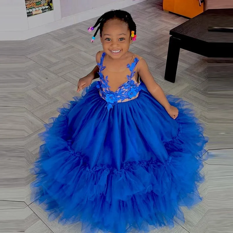 

Cutte Royal Blue Lace Appliques Flower Girls Dress Puffy A-line Long Floor Length Tulle Gowns Kids Tiered Ruffled Tulle Dresses