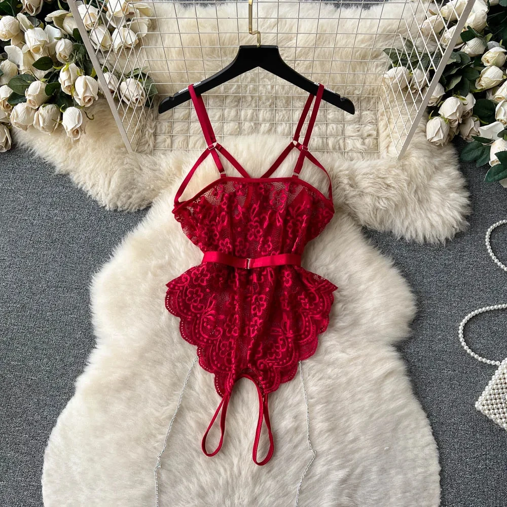 Bow Jumpsuit Women Sexy Hot Floral See-through Lace Bodysuits Erotic Hollow Combination Catsuits Chain Strappy Rompers Bodycone