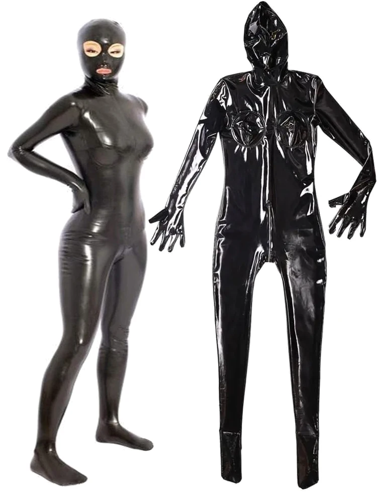 Olhar molhado PVC Catsuit, calças justas de PVC, Cosplay, Zentai encapuzado, brilhante couro PU, Bodysuit Virilha Aberta Zipper, Dedo Separado Sexy, Bodysuit