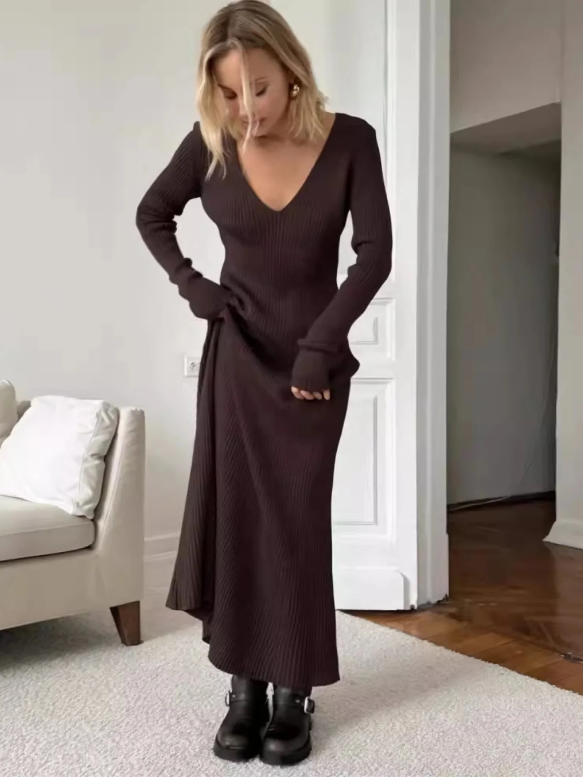 Vestido Sexy de Malha com Decote em V, Camada Base, Estilo Urbano, Cintura Alta, Manga Longa, Saia Bodycon, Vestido de Poliés...