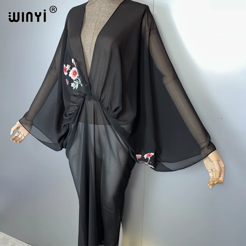 WINYI Embroidered perspective sexy deep V dress Muslim Abaya Lady beach cover up Beachwear fashion Kaftan abaya dubai luxury