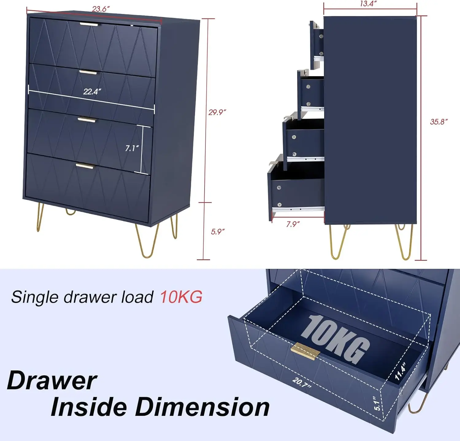 Nieuw dressoir met 4 lades, ladekast, houten dressoir met 4 metalen poten, hoog dressoir met anti-tipapparaat, dressoirset voor